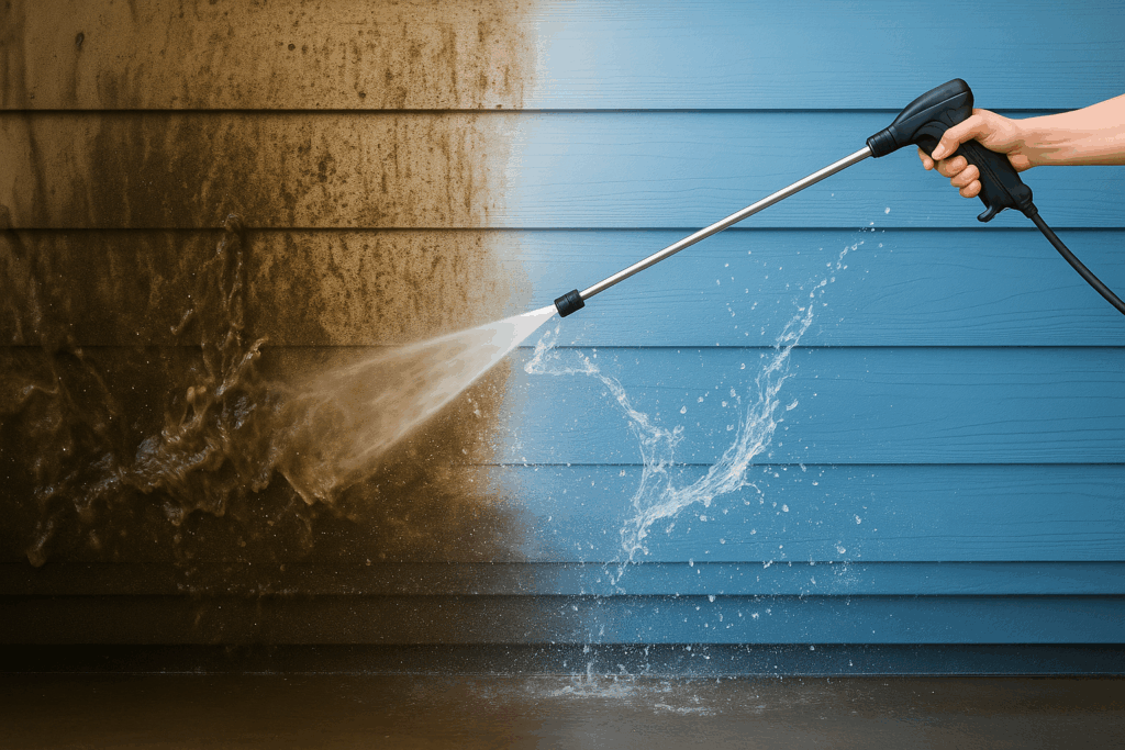 Pressure washer spraying blue lap siding, dirty and streaked on the left and clean on the right